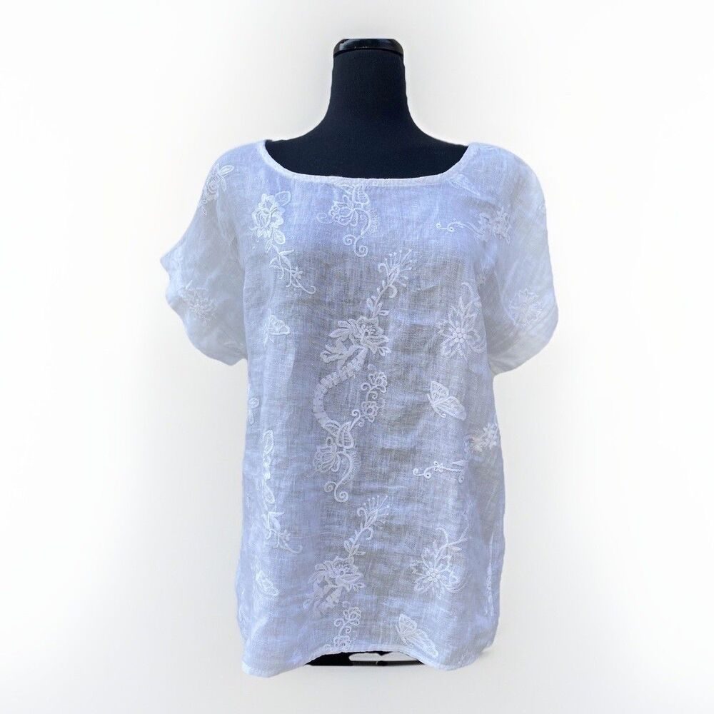 Terzo Millennio White 100% Linen Embroidered Tunic Top Size M Italy Art 706